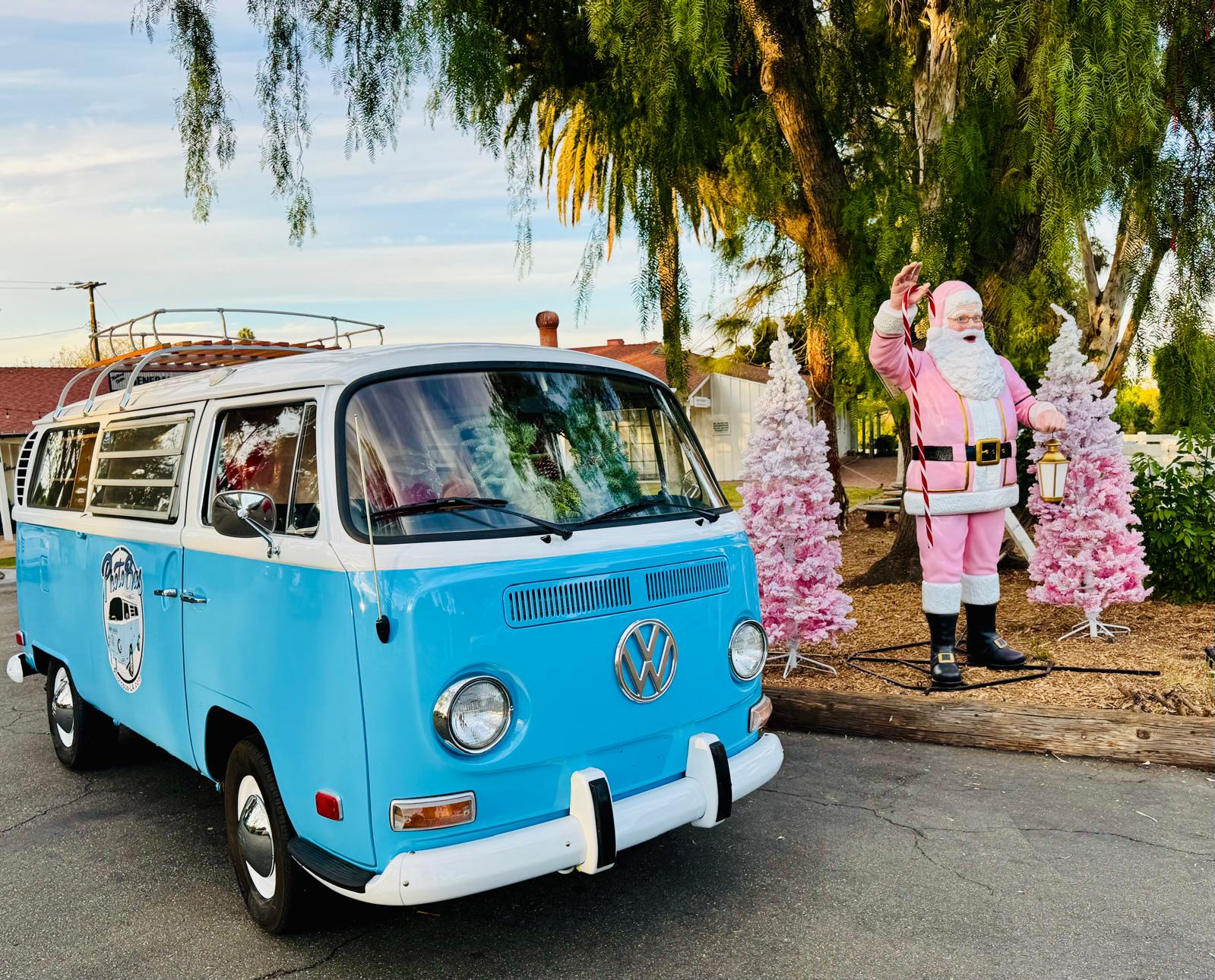 Front three-quarter portrait of the sky blue VW Photobus under a pepper tree at sunset